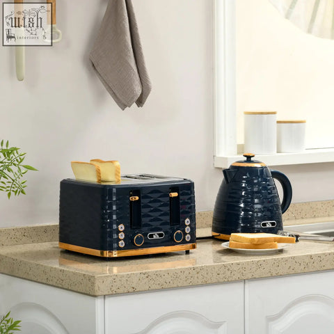 Navy blue and gold textured four-slice toaster from homcom rapid boil kettle and toaster set with 7 browning controls