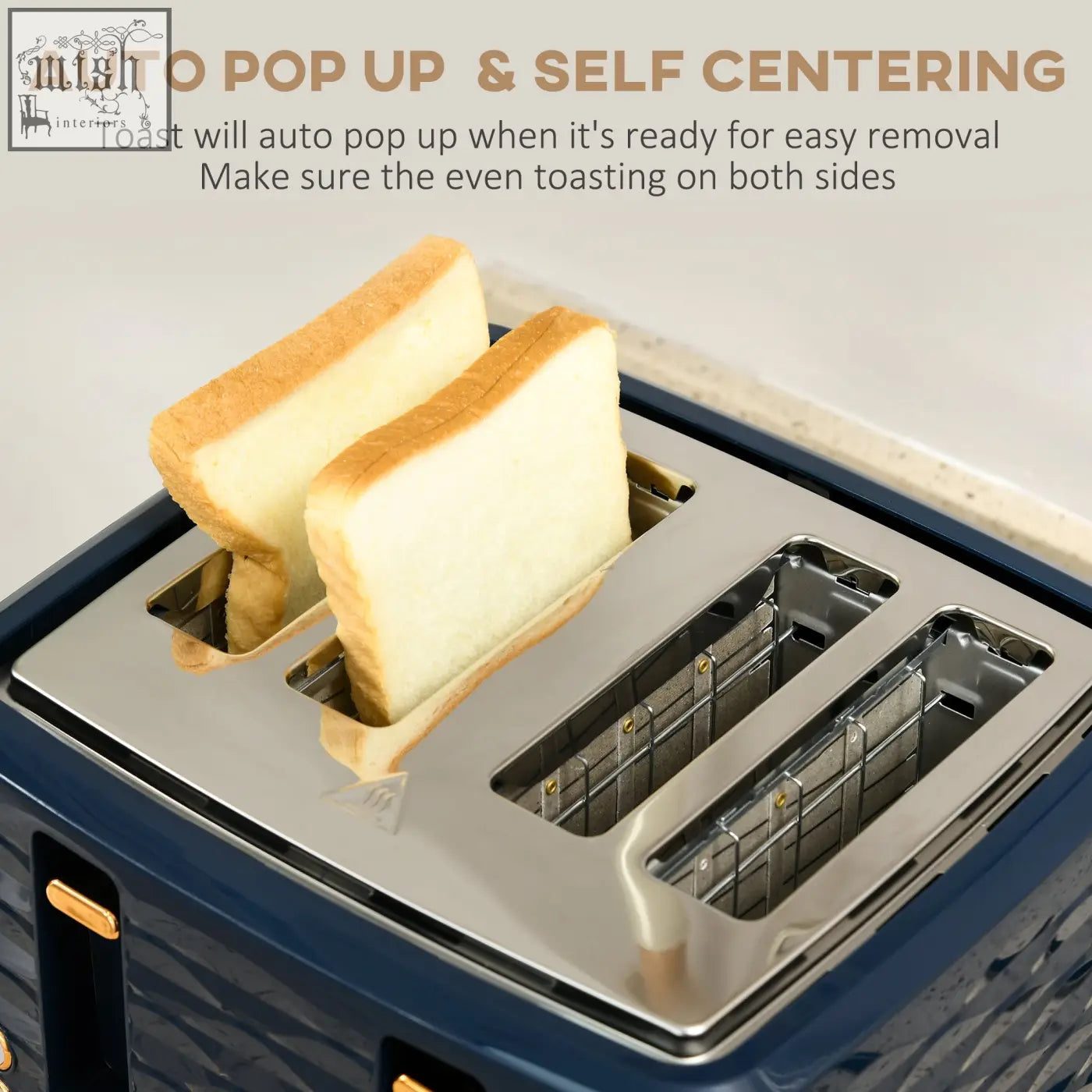 Blue HOMCOM 4 slice toaster with stainless steel top and gold handles popping toast paired with rapid boil kettle