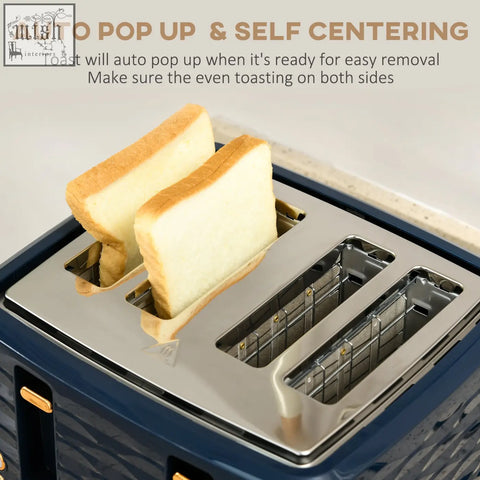 Blue HOMCOM 4 slice toaster with stainless steel top and gold handles popping toast paired with rapid boil kettle