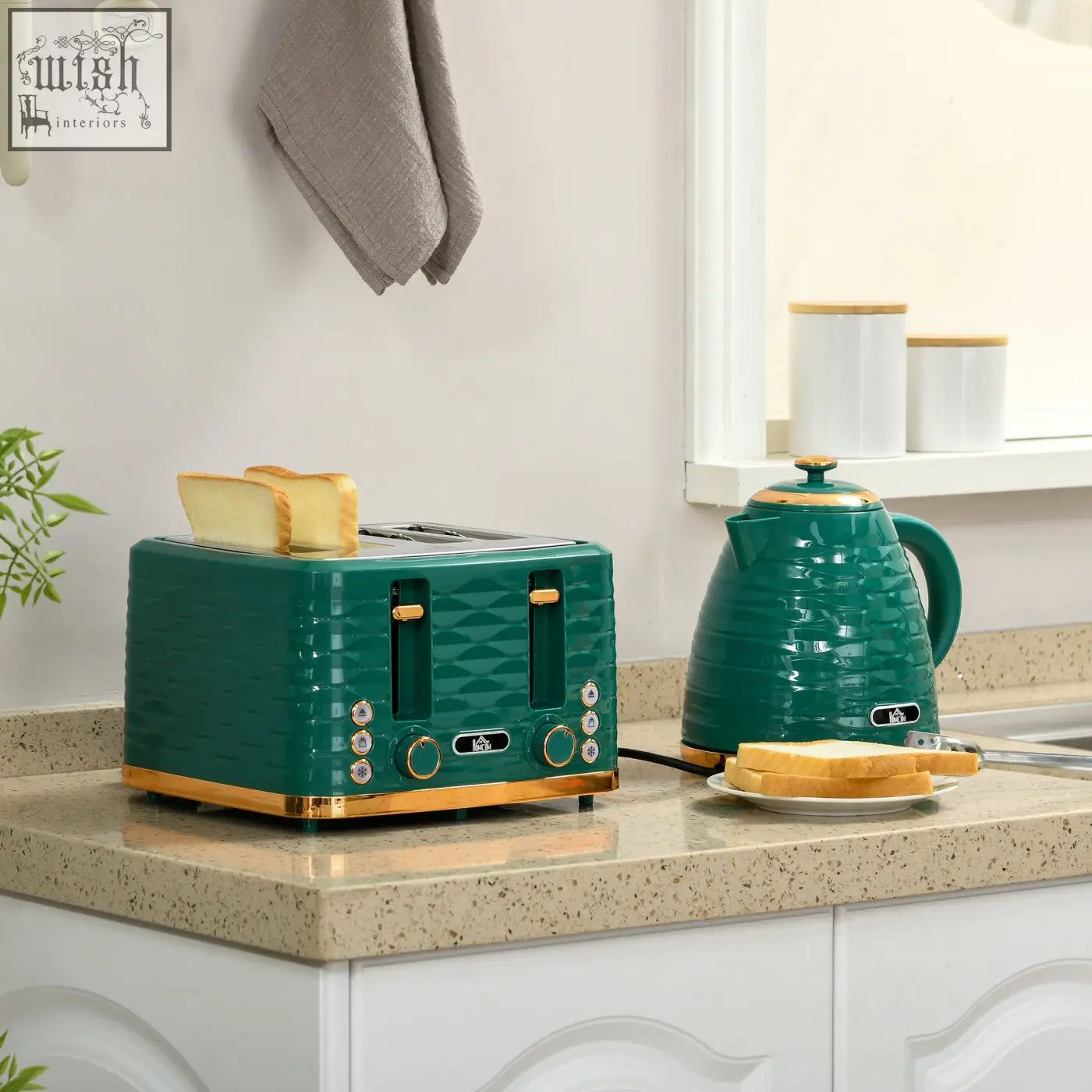 Emerald green and gold trim textured four-slice toaster part of homcom rapid boil kettle and toaster set with crumb tray