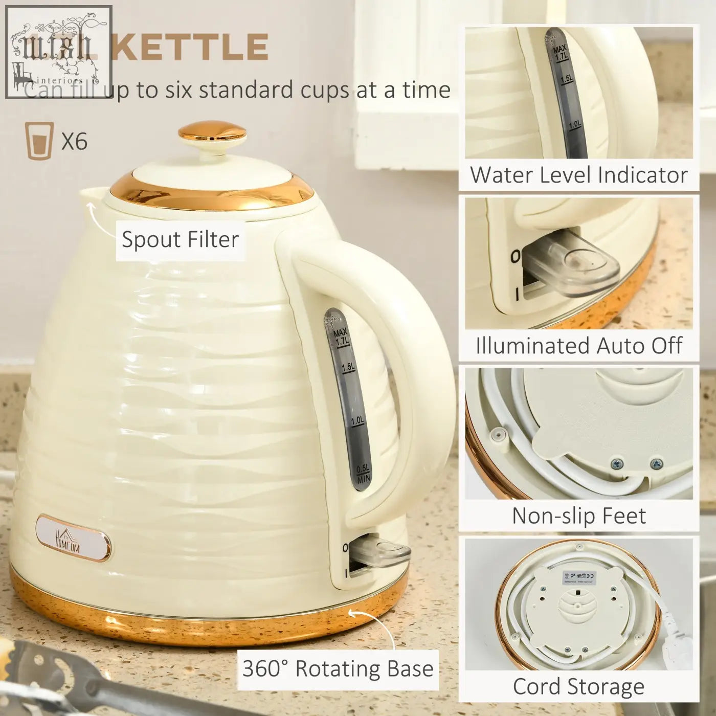 Cream-colored rapid boil kettle with gold accents and ribbed body from homcom 3000w 1.7l kettle and toaster set