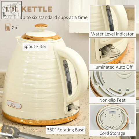 Cream-colored rapid boil kettle with gold accents and ribbed body from homcom 3000w 1.7l kettle and toaster set