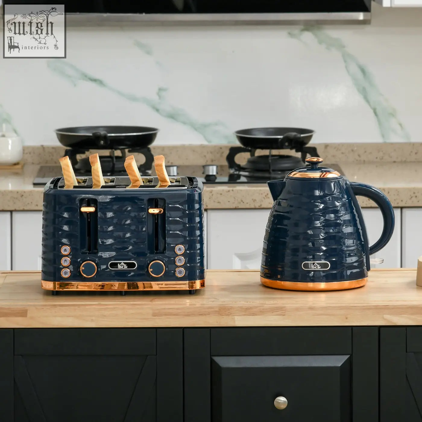 Navy blue ceramic toaster with gold accents and textured surface in homcom rapid boil kettle and toaster set