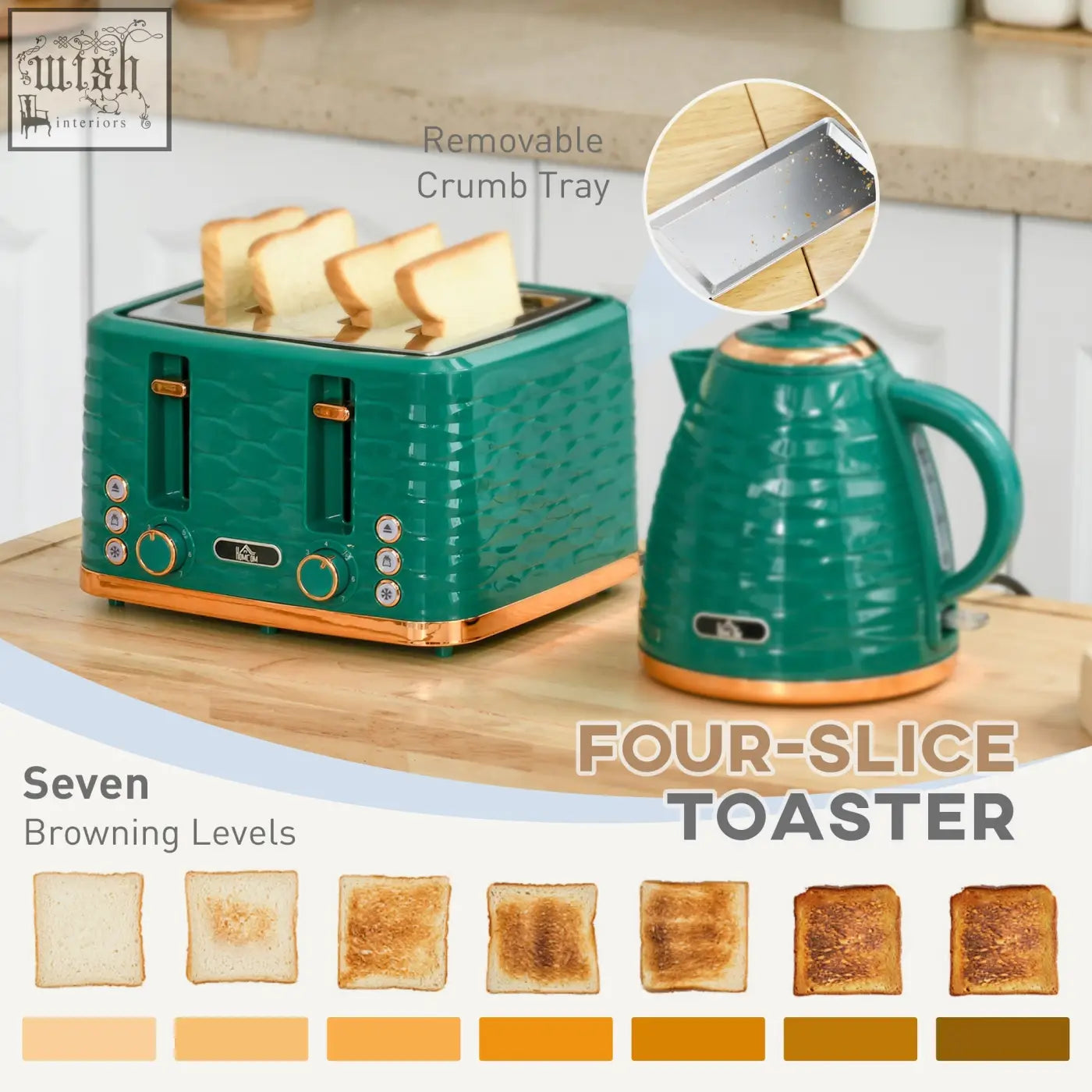 Teal and gold textured four-slice toaster with crumb tray in homcom rapid boil kettle and toaster set green