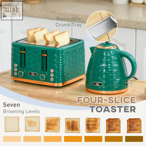 Teal and gold textured four-slice toaster with crumb tray in homcom rapid boil kettle and toaster set green