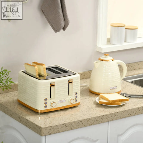 Cream-colored 4 slice toaster with gold accents and textured surface in homcom rapid boil kettle and toaster set beige