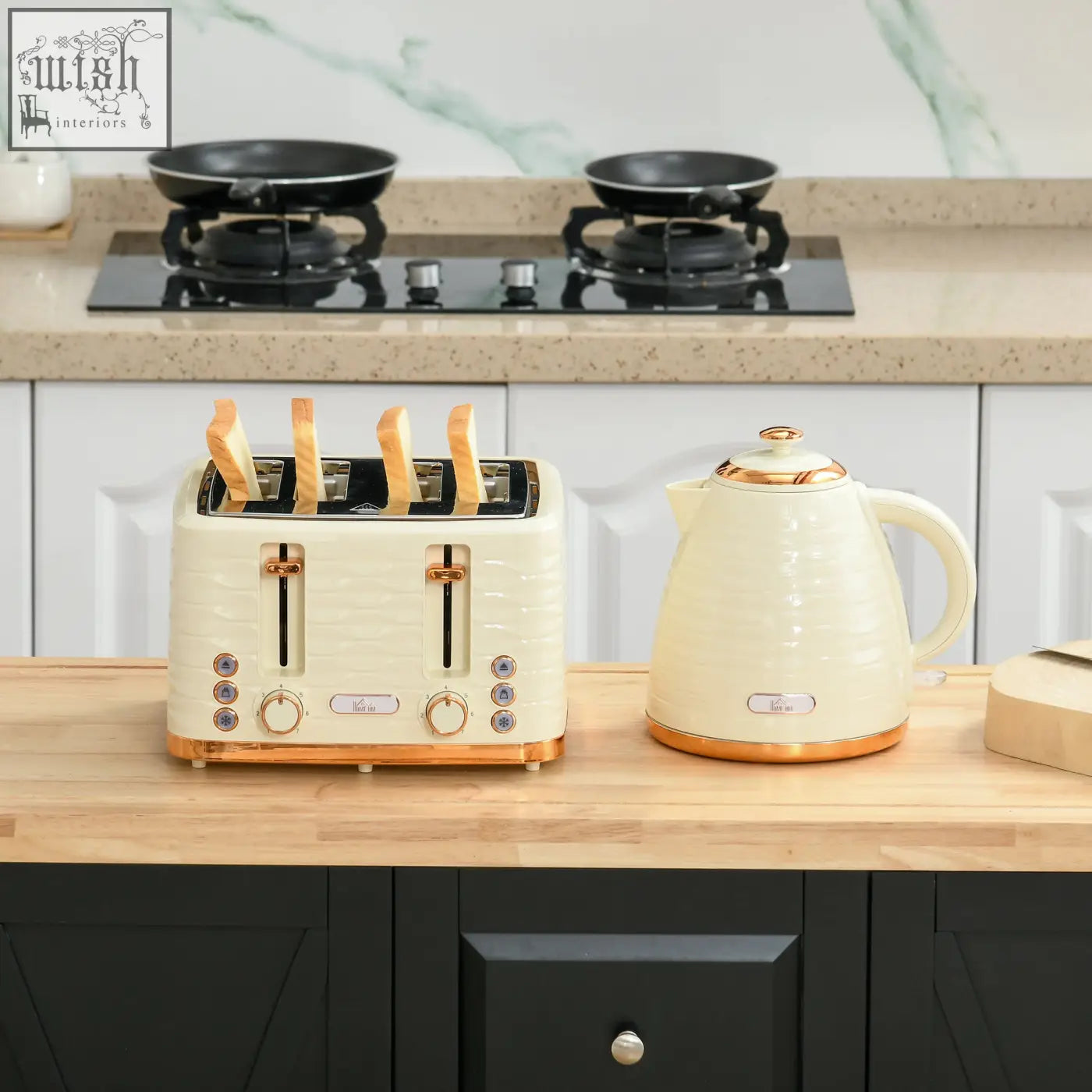 Cream-colored homcom rapid boil kettle and 4 slice toaster set with gold accents and 7 browning controls in beige