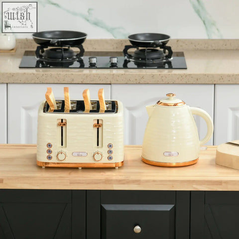 Cream-colored homcom rapid boil kettle and 4 slice toaster set with gold accents and 7 browning controls in beige