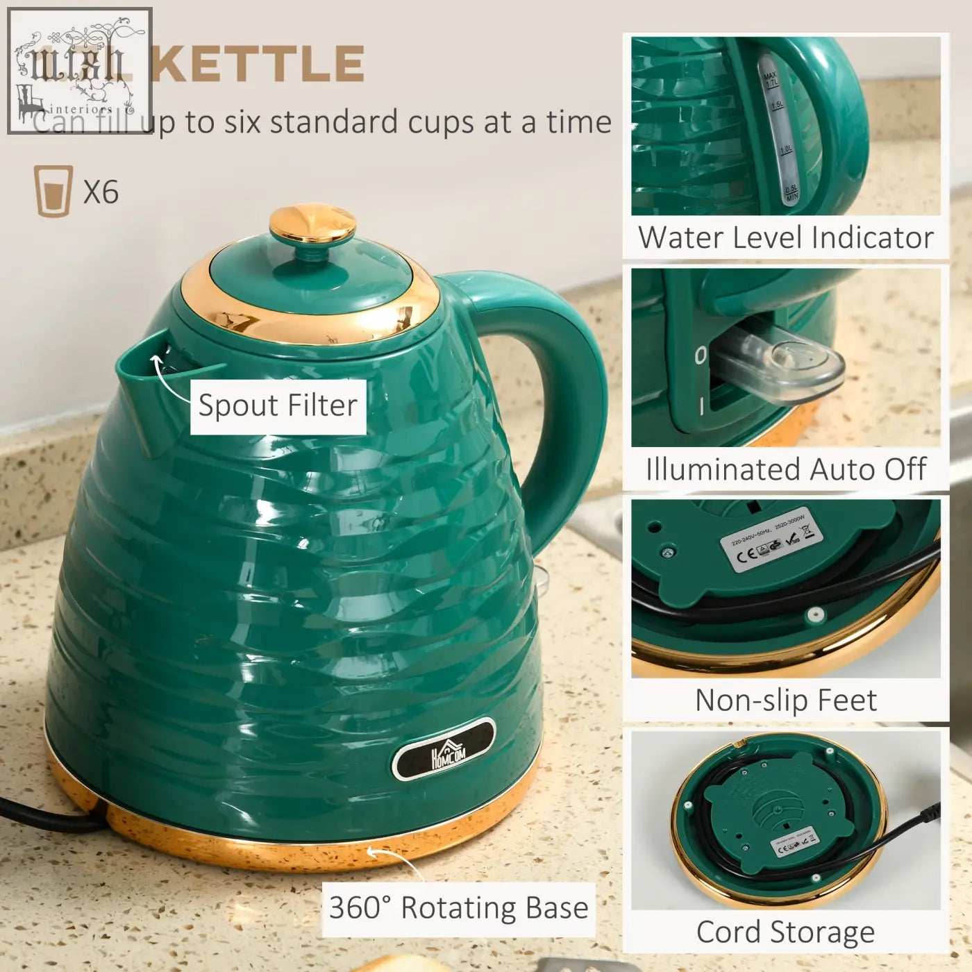 Homcom rapid boil kettle in teal and gold with textured ceramic body water level indicator and spout filter