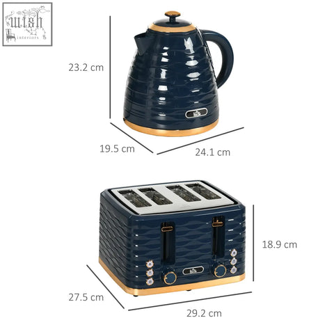 Navy blue and gold ceramic rapid boil kettle with ribbed texture and matching lid handle from homcom set