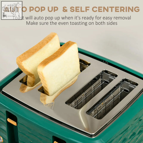 Teal HOMCOM 4 slice toaster with gold accents pops two slices while paired with a rapid boil kettle set