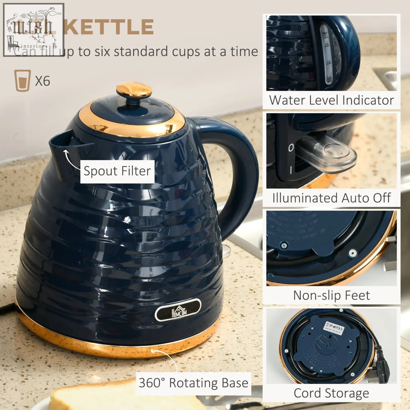 Navy blue and gold homcom rapid boil kettle with 3000w power and 1.7l capacity featuring a ribbed design