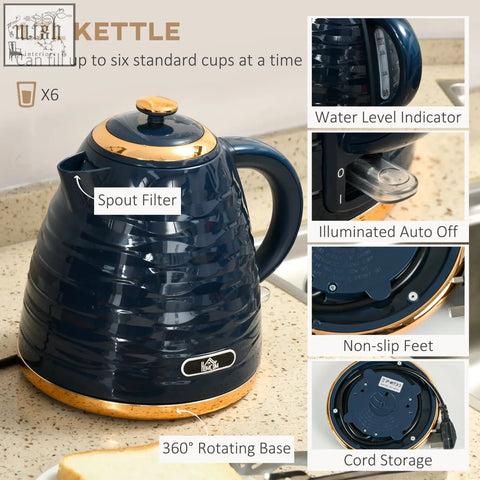 Navy blue and gold homcom rapid boil kettle with 3000w power and 1.7l capacity featuring a ribbed design