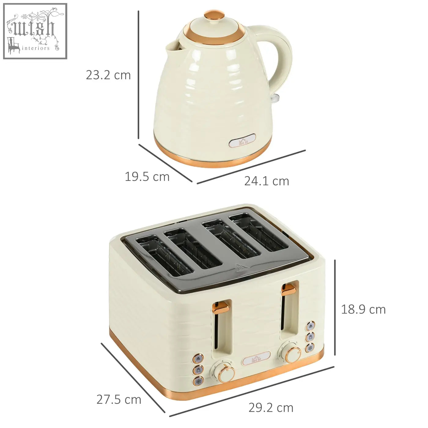Cream-colored rapid boil kettle and matching four-slice toaster set with gold accents for quick boiling and toasting