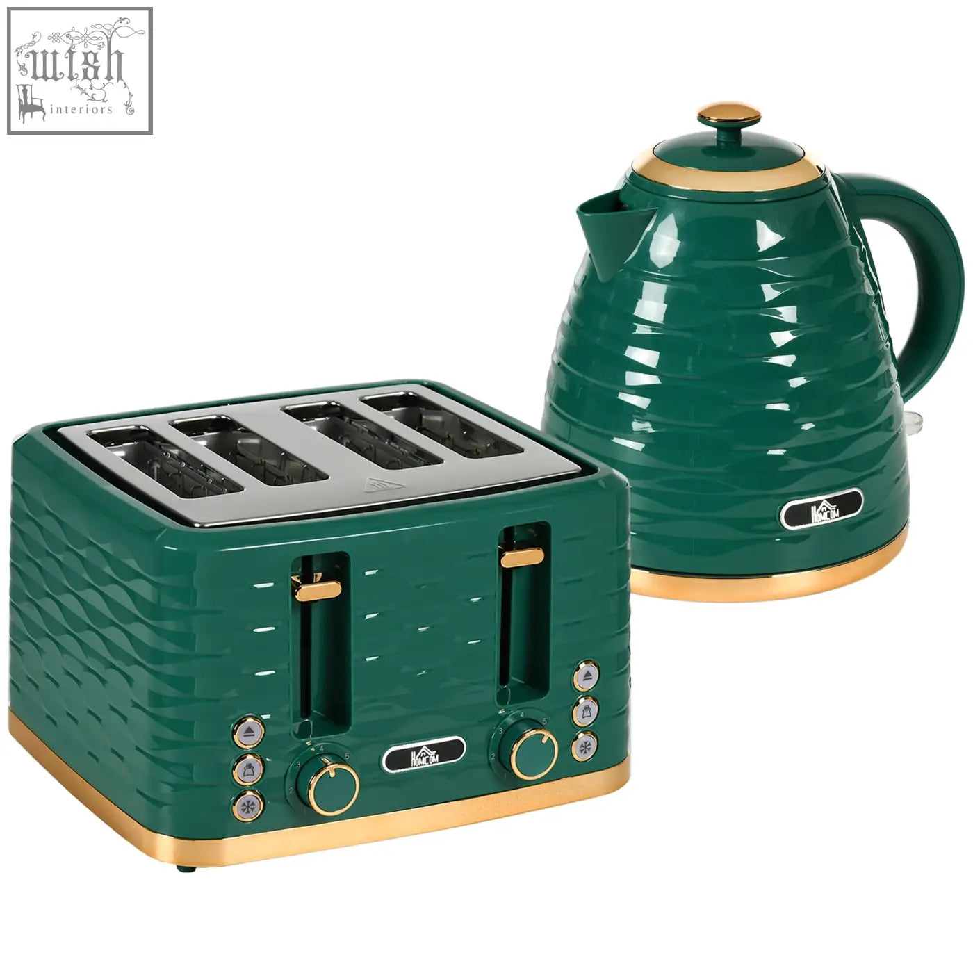 Emerald green ceramic HOMCOM 3000W rapid boil kettle and 4 slice toaster set with gold accents and wavy surface