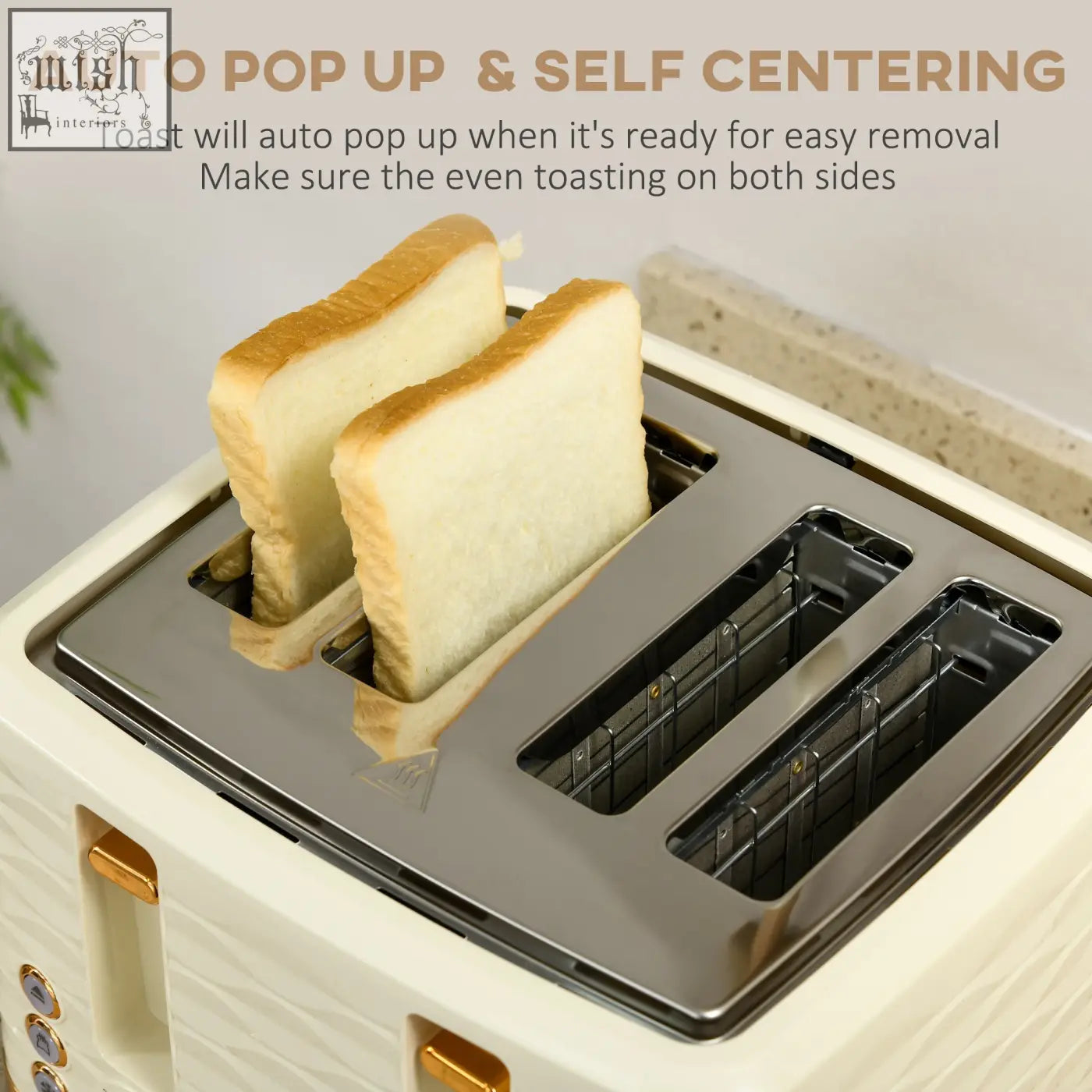 Cream-colored homcom 4 slice toaster with gold handles and stainless steel interior popping toast next to rapid boil kettle
