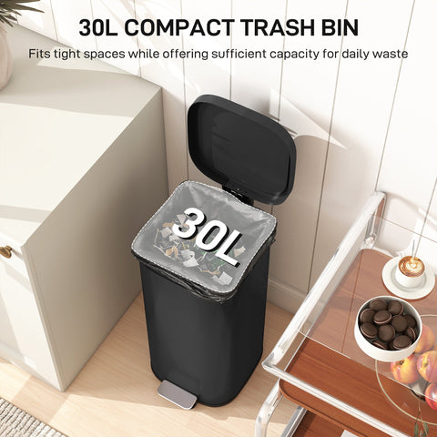 Black 30l homcom kitchen bin with metal design, soft-close lid, foot pedal, and gray 30l liner for home or office use