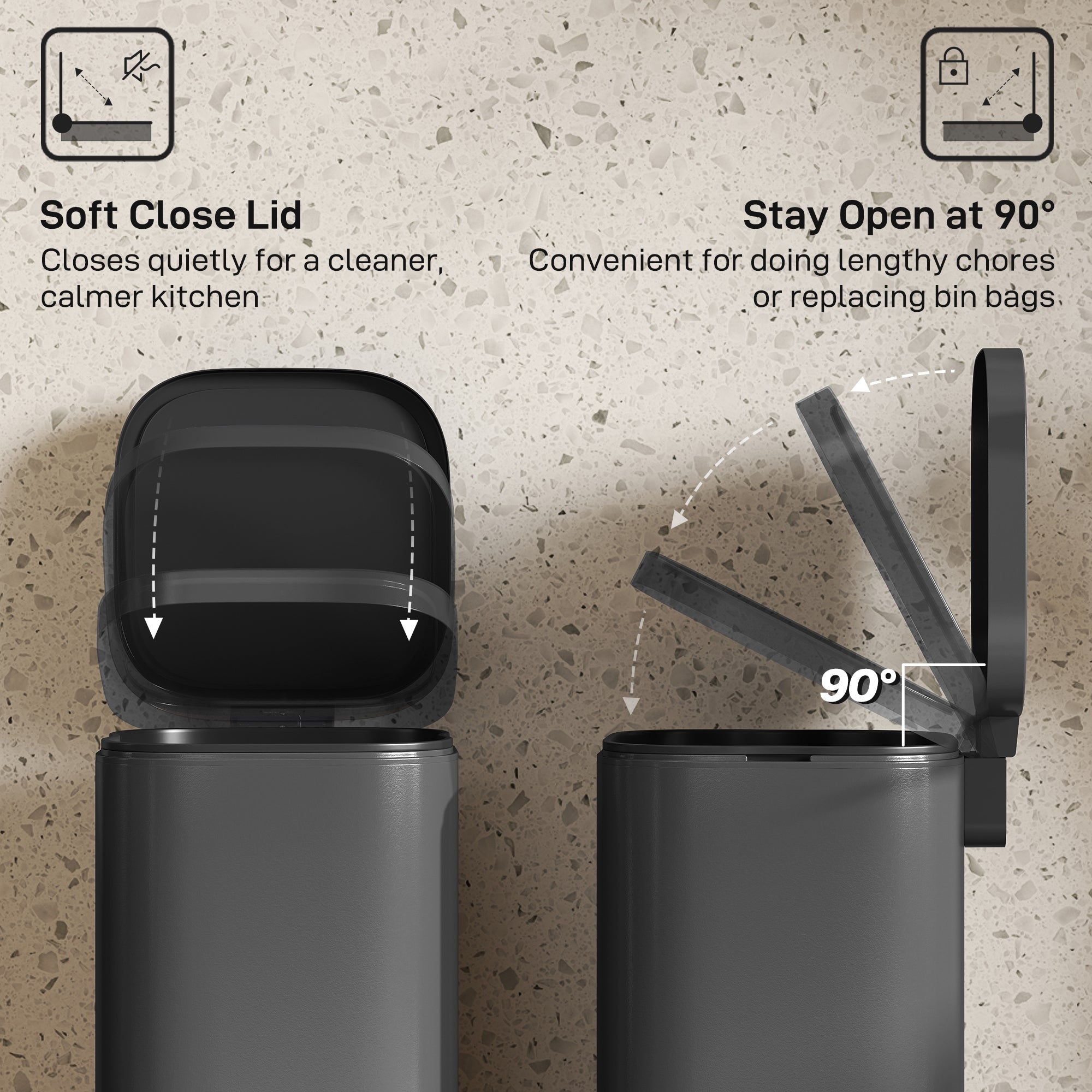 Black homcom 30l kitchen bin with metal design soft-close lid and 90-degree stay-open feature for home and office use
