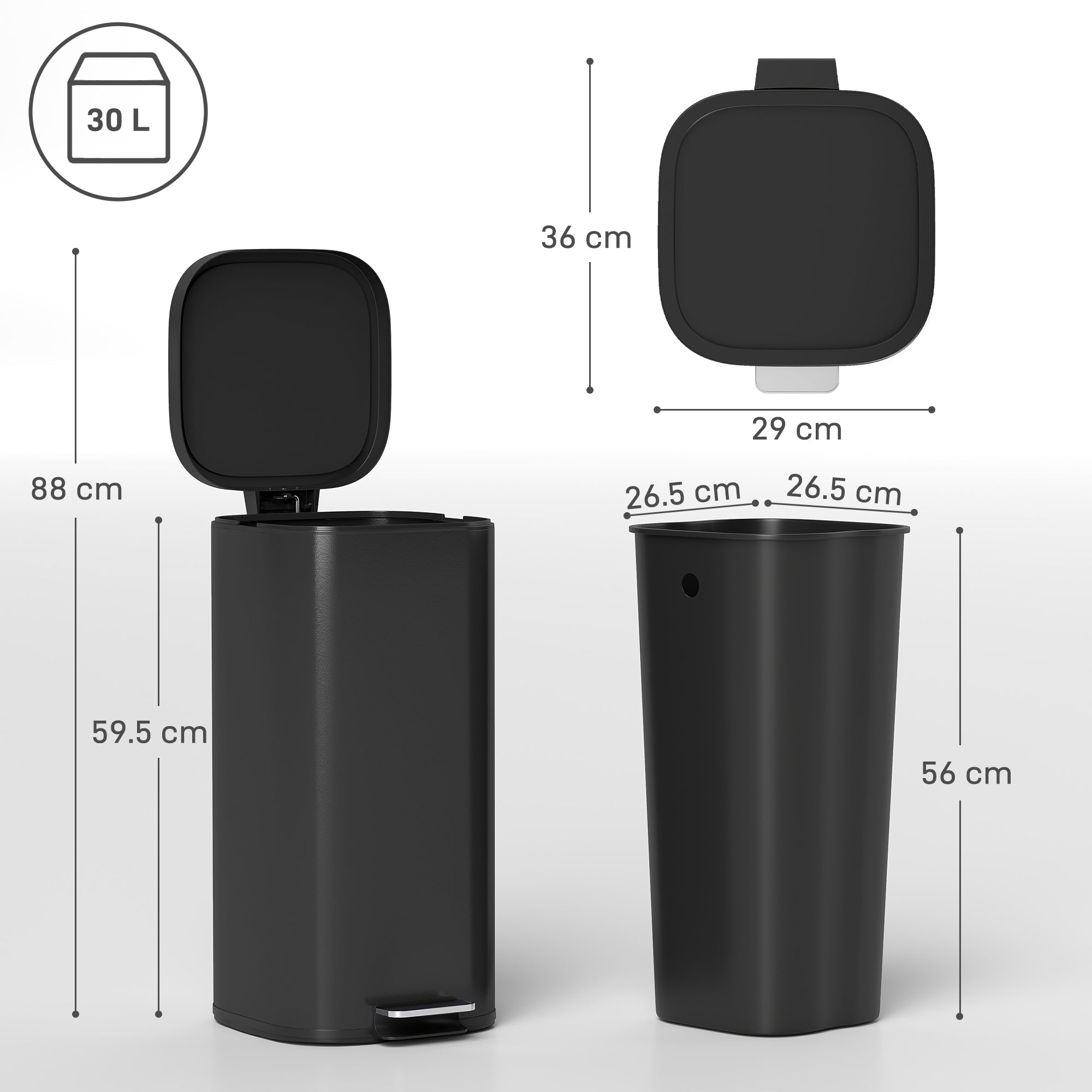 Black homcom 30l kitchen bin with metal design, soft-close lid, pedal operation, and removable bucket for home or office use