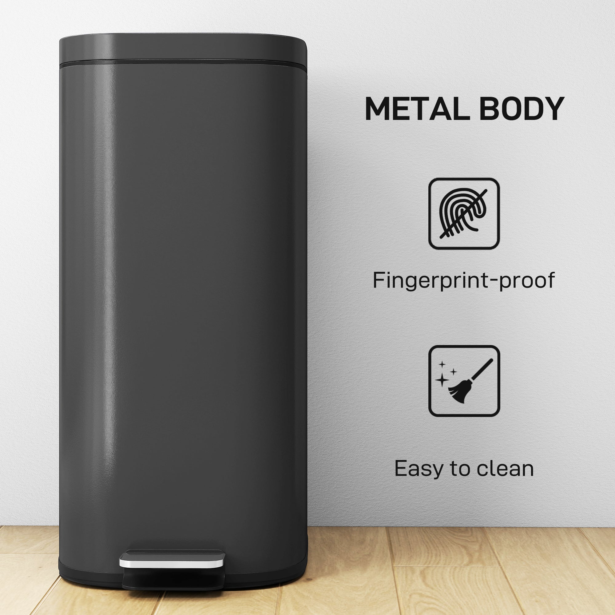 Black metal kitchen bin with sleek fingerprint-proof finish soft-close lid and easy-to-clean surface by HOMCOM