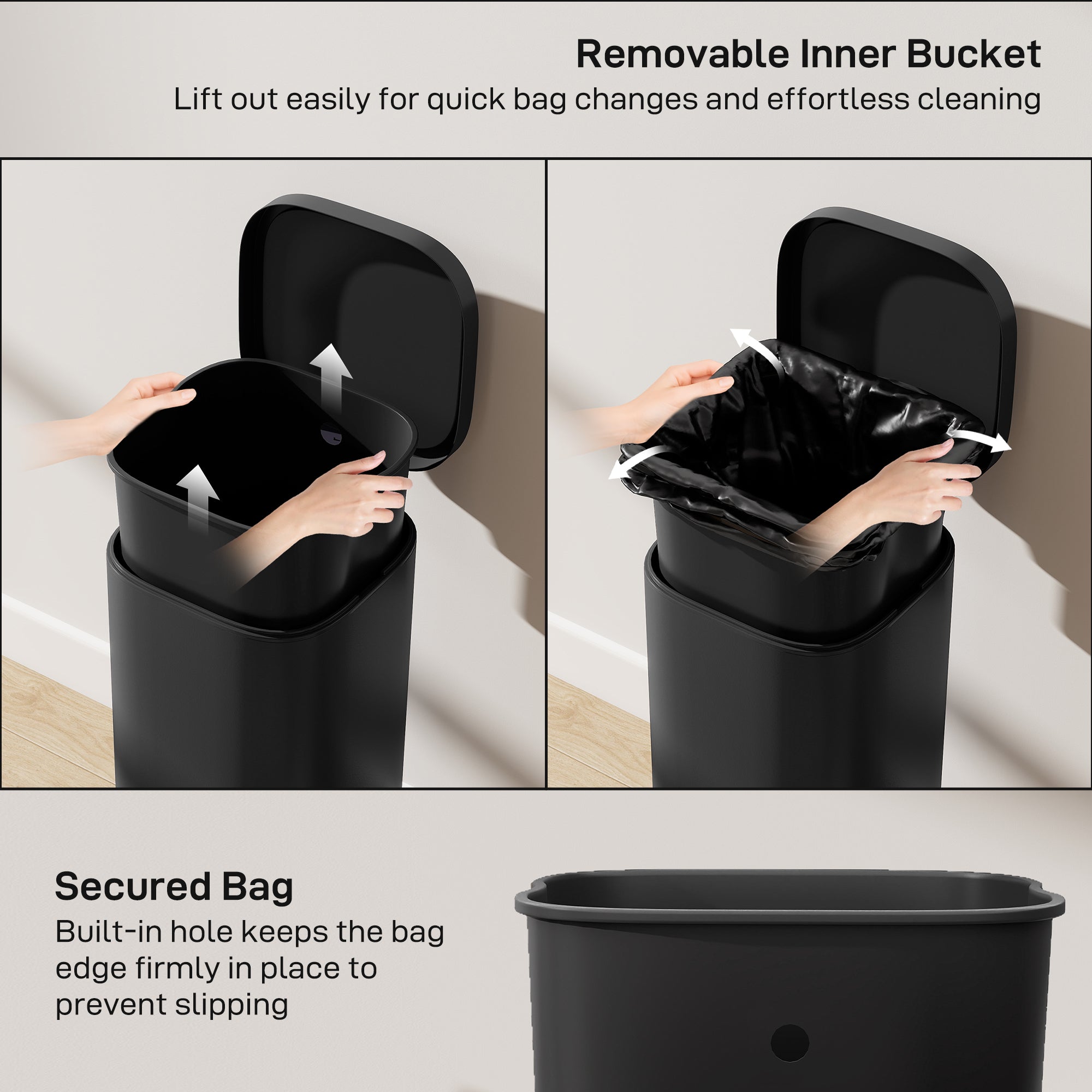 Black homcom 30l kitchen bin with metal design, removable inner bucket, soft-close lid, and secured bag feature