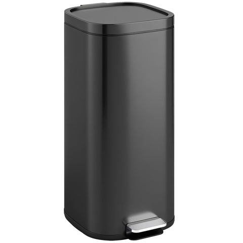 Black homcom 30l kitchen bin with metal design, soft-close lid, rectangular foot pedal, and silver base accent