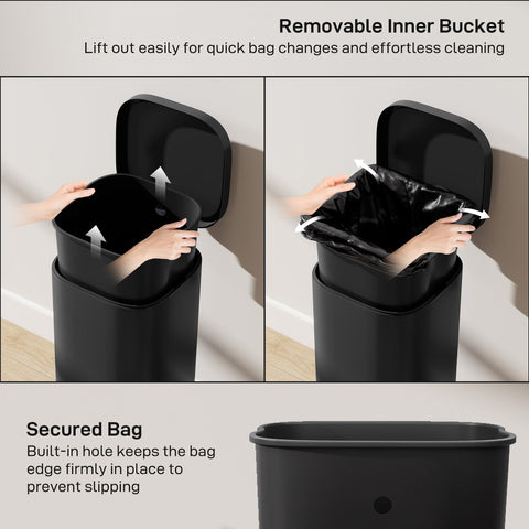 Black homcom 30l kitchen bin with metal design, removable inner bucket, soft-close lid, and secured bag feature
