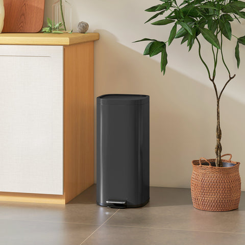 Black rectangular kitchen bin with metal design soft-close lid and removable bucket by HOMCOM