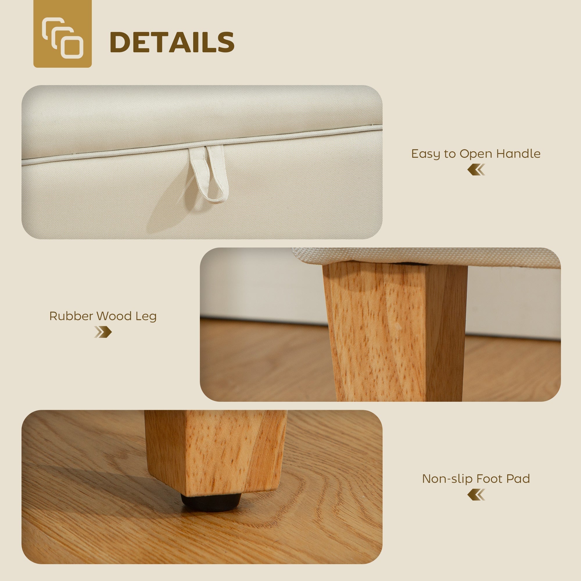 Cream-colored linen storage ottoman with padded seat and rubberwood legs perfect for bed end seating and storage