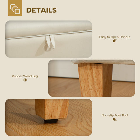Cream-colored linen storage ottoman with padded seat and rubberwood legs perfect for bed end seating and storage