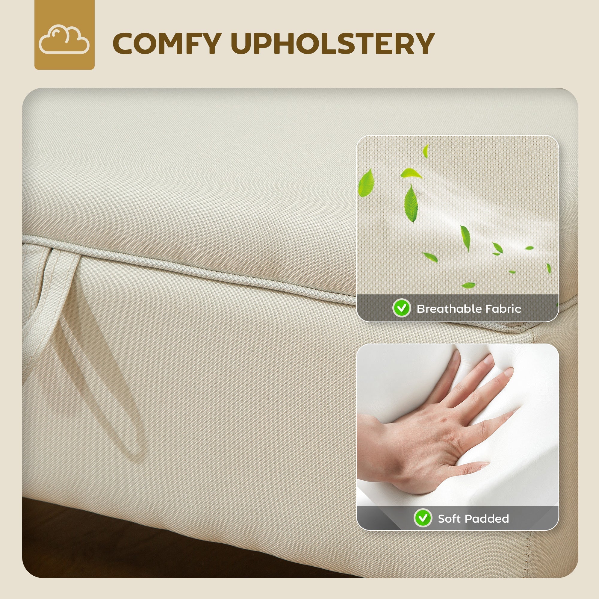 Beige breathable fabric cushion with soft padded interior on homcom linen storage ottoman for bed end seating