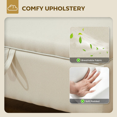 Beige breathable fabric cushion with soft padded interior on homcom linen storage ottoman for bed end seating