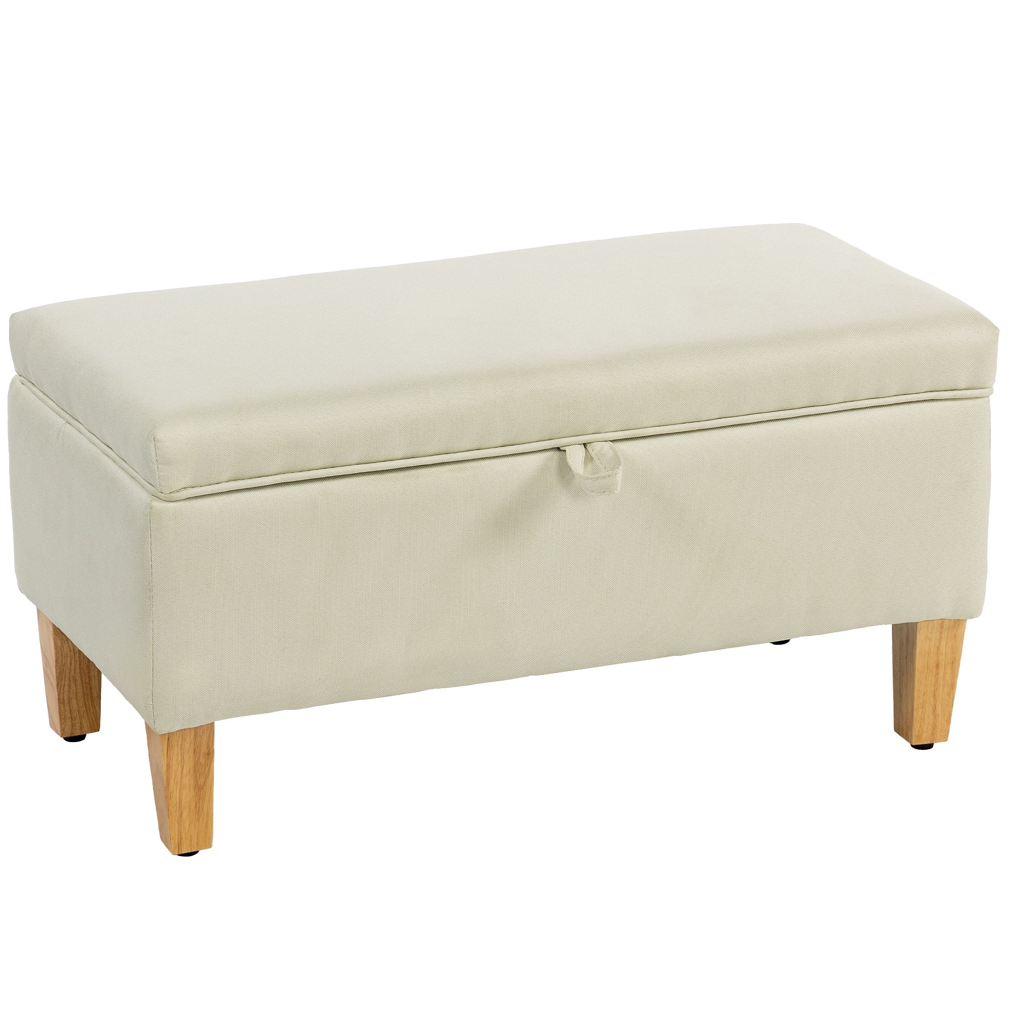 Cream-colored upholstered linen storage bench with rubberwood legs perfect for bed end seating and storage