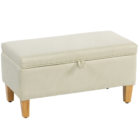 Cream-colored upholstered linen storage bench with rubberwood legs perfect for bed end seating and storage