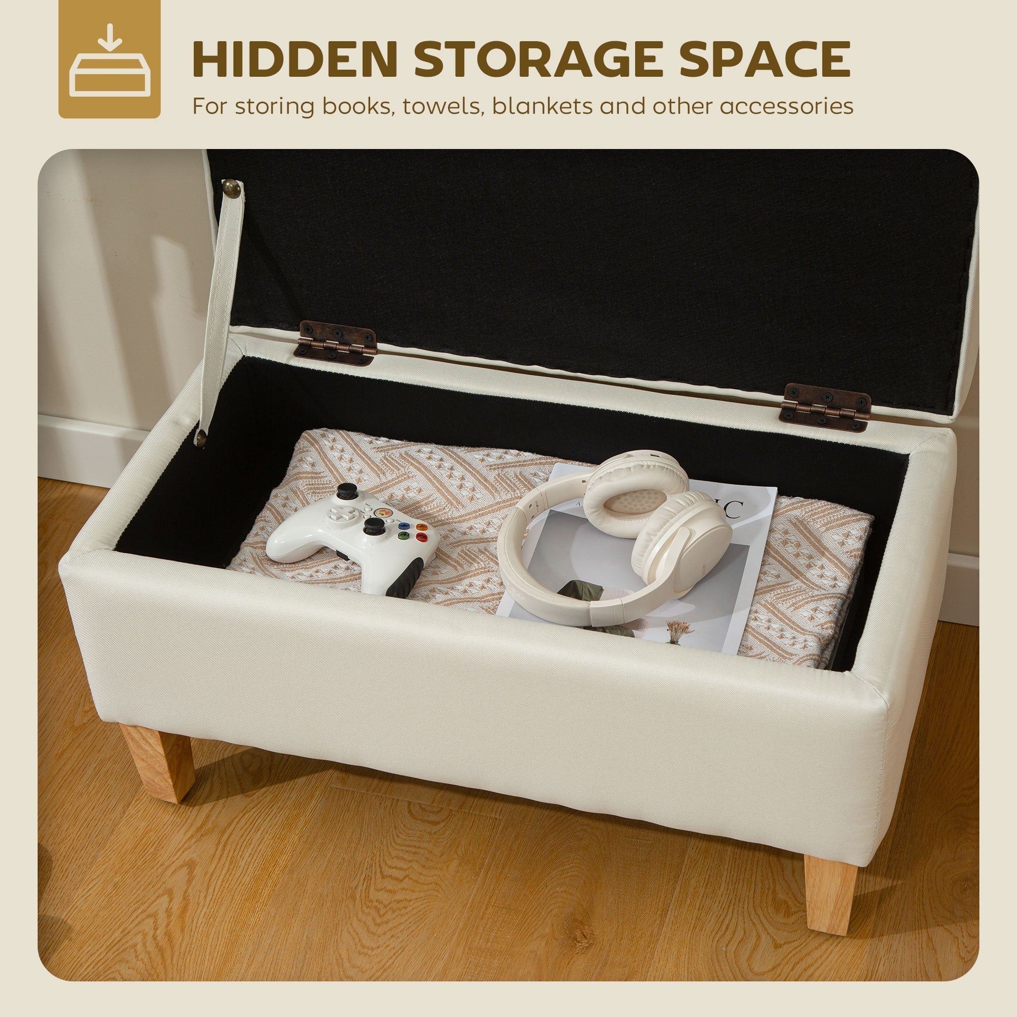 White upholstered linen storage ottoman with rubberwood legs and black interior lining perfect for bed end use