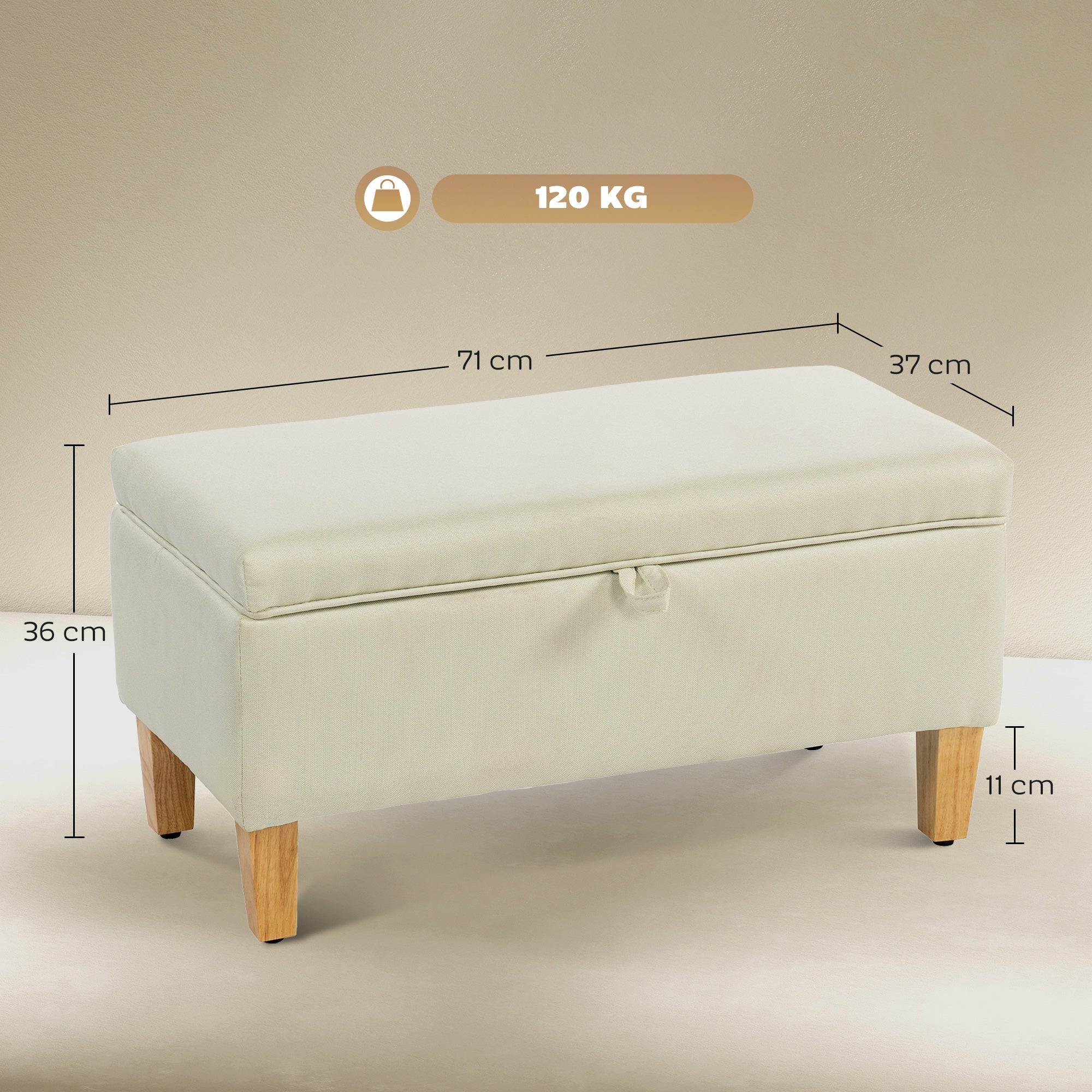 Cream linen storage ottoman with padded seat and rubberwood legs perfect for bed end seating and storage