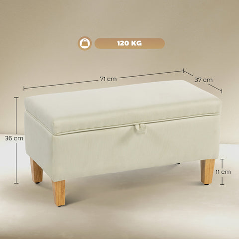 Cream linen storage ottoman with padded seat and rubberwood legs perfect for bed end seating and storage