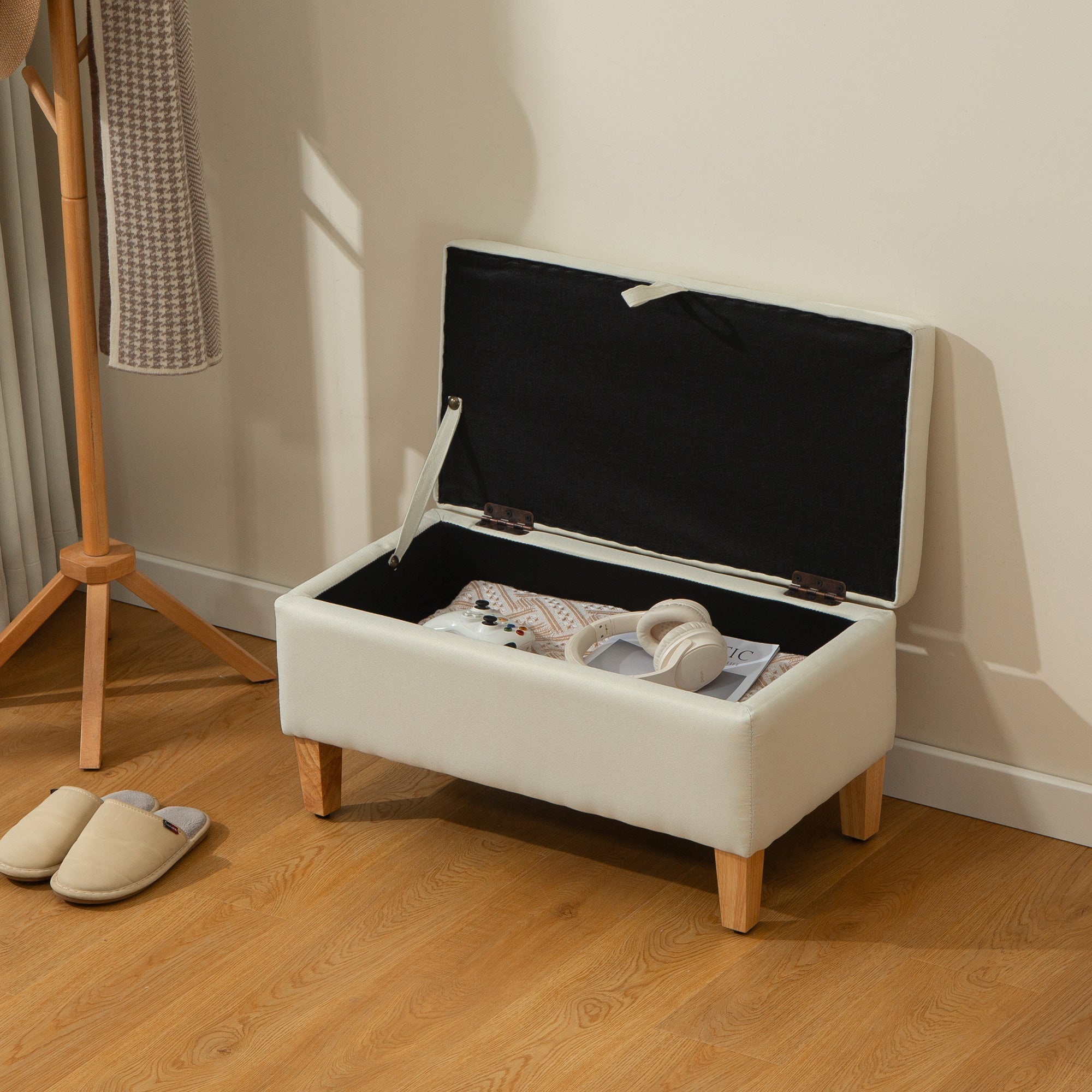 White upholstered homcom storage bench with black interior rubberwood legs perfect for bed end storage and seating