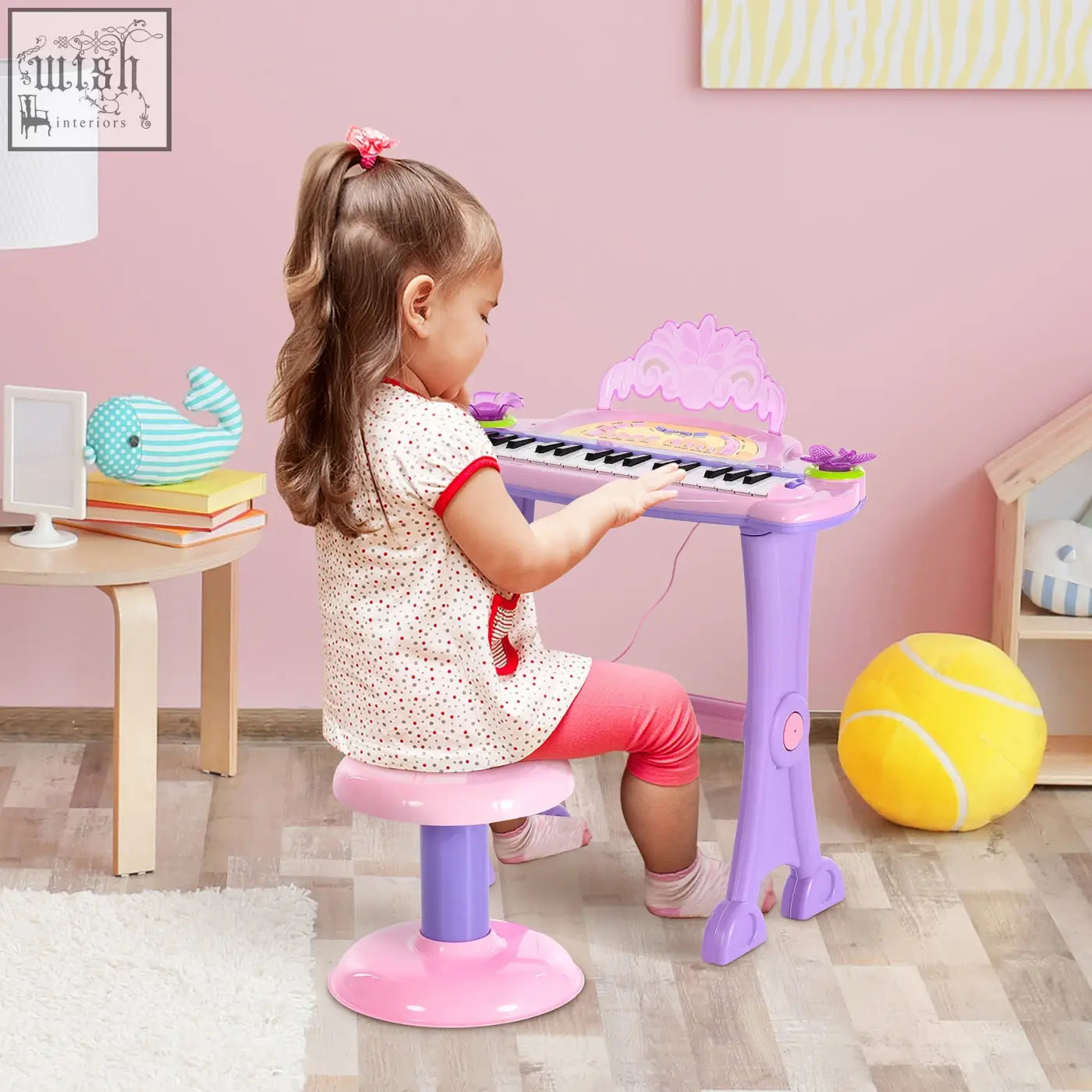 Purple and pink plastic electronic keyboard toy with 32 keys and crown top perfect musical instrument for kids en71 7p en62115