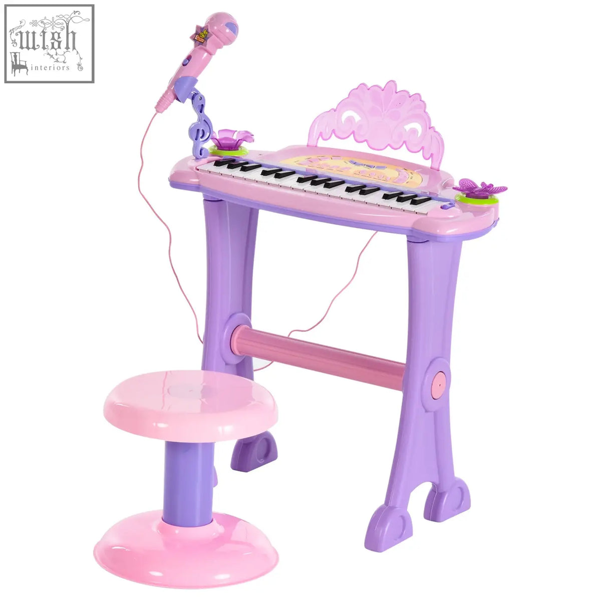 Pink and purple homcom electronic keyboard with 32 keys butterfly decorations microphone and matching stool for kids musical instrument en71 7p en62115