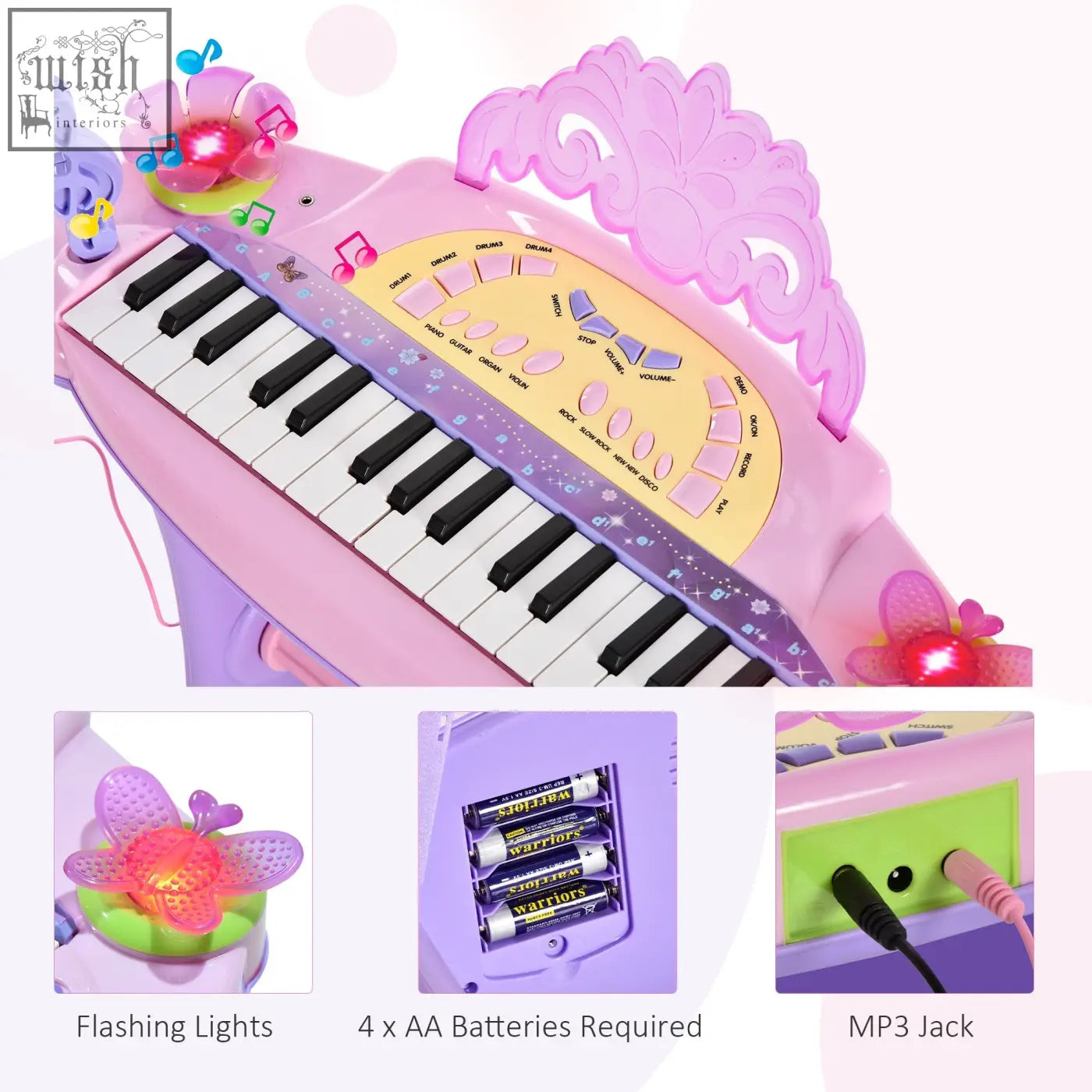 Pink and purple homcom kids electronic keyboard with butterfly lights crown top mp3 input er71 7p en62115 musical instrument