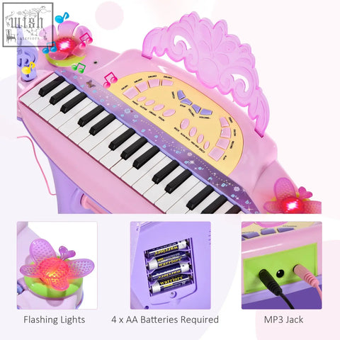 Pink and purple homcom kids electronic keyboard with butterfly lights crown top mp3 input er71 7p en62115 musical instrument