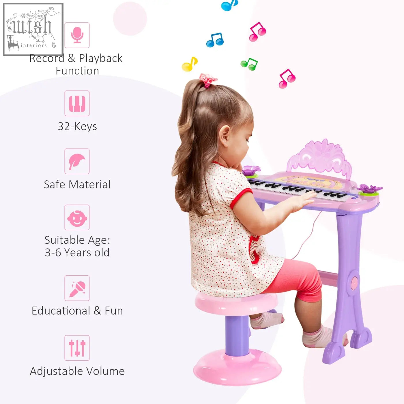Purple and pink electronic keyboard with 32 keys butterfly decorations and record playback function for kids musical instrument en71 en62115
