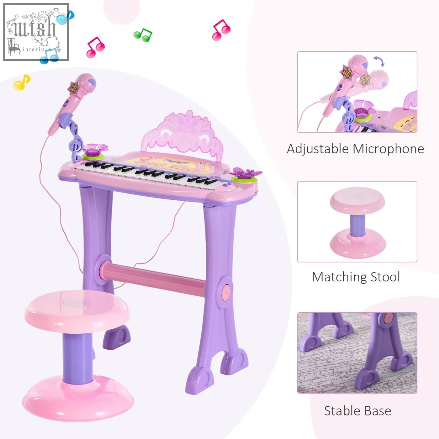 Pink and purple 32 keys electronic keyboard with microphone, stool, and stable base kids musical instrument en71 7p en62115