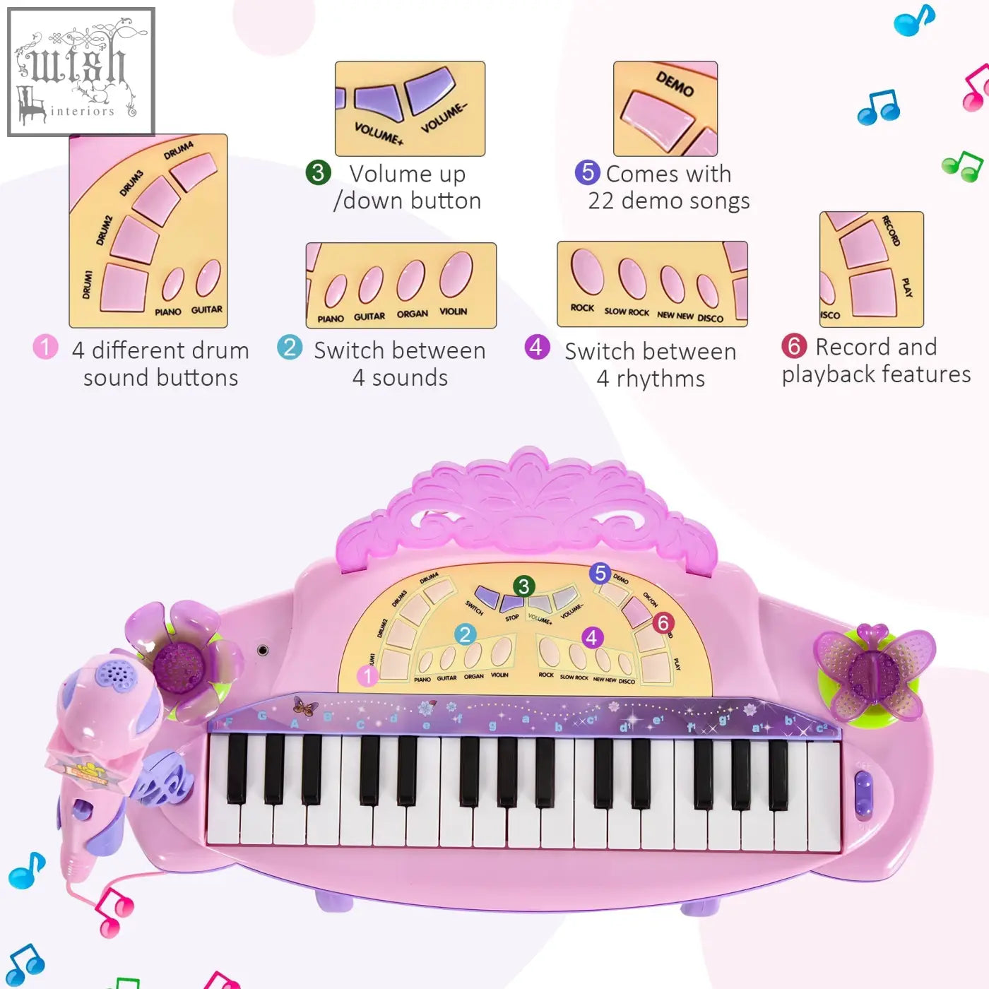 Pink homcom 32 keys kids mini electronic keyboard with butterfly and floral design safe en71 7p en62115 musical instrument
