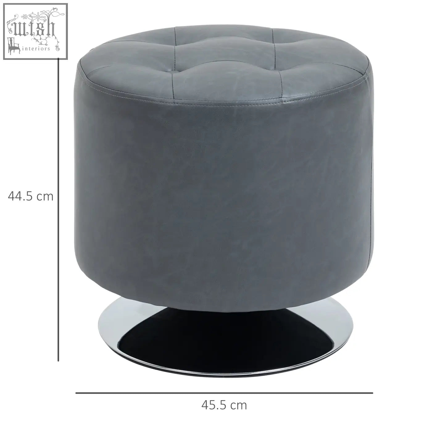 Gray tufted leather ottoman with thick sponge padding and a chrome metal base for swivel comfort and style