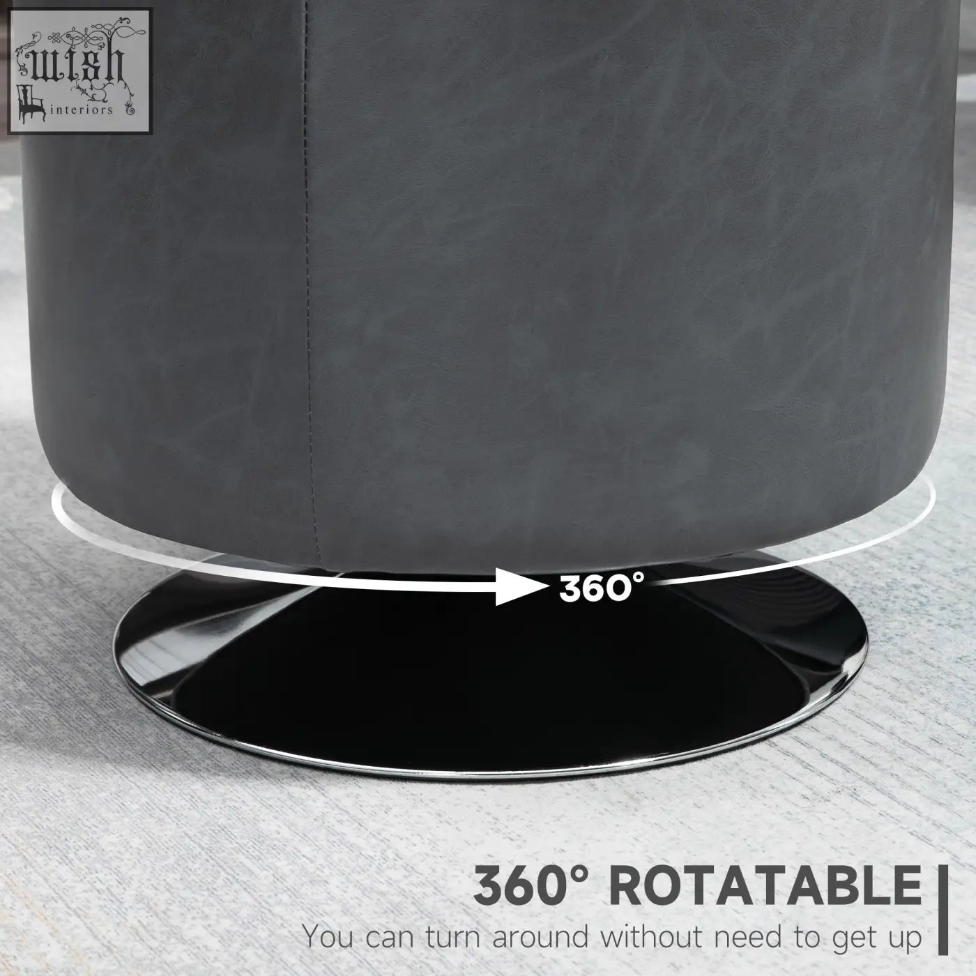 Dark gray upholstered swivel foot stool with thick sponge padding and a sleek metal base for durable support