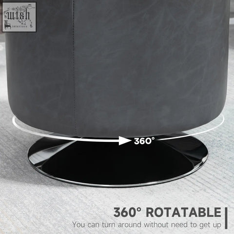 Dark gray upholstered swivel foot stool with thick sponge padding and a sleek metal base for durable support