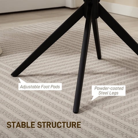 Black powder-coated steel tripod with adjustable foot pads supporting a skin-friendly teddy fleece swivel accent chair