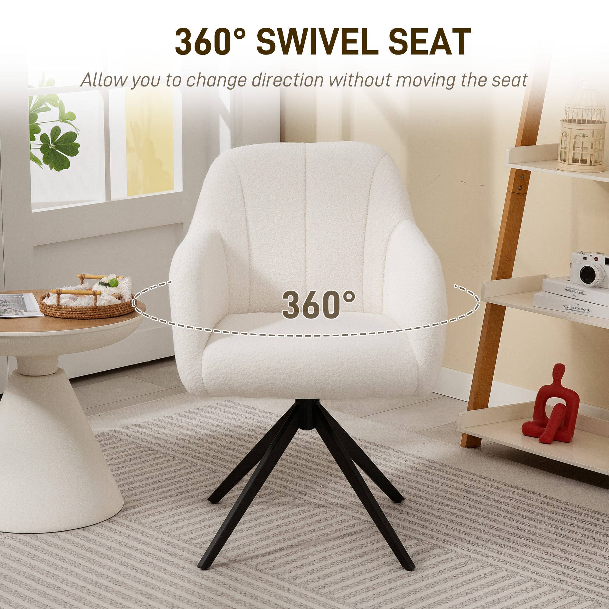 White plush swivel accent chair with black tripod base made of skin-friendly teddy fleece for living room use